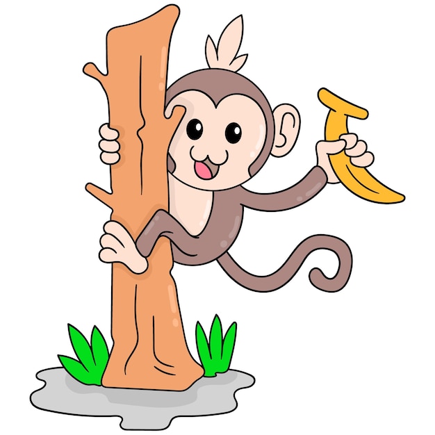 Ein süßer affenjunge, der einen baumstamm klettert und eine banane aufnimmt, vektorillustrationskunst. doodle symbolbild kawaii. Premium Vektoren