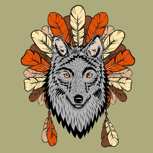 Kostenloser Vektor ein totem illustration mit wolf und federn