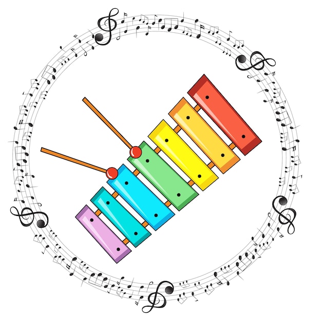 Kostenloser Vektor ein xylophon mit noten auf weißem hintergrund