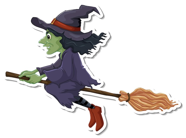 Eine alte Hexe fliegt mit Besen-Cartoon-Charakter-Aufkleber