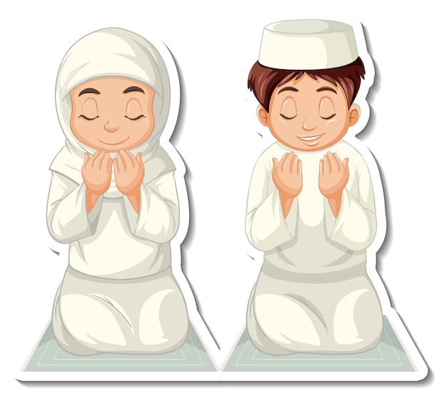 Eine aufklebervorlage mit betenden muslimischen jungen und mädchen