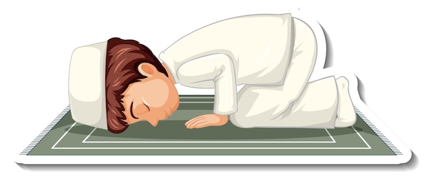Kostenloser Vektor eine aufklebervorlage mit einem muslimischen jungen, der auf einem teppich sitzt und betet
