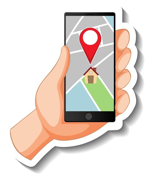 Eine Aufklebervorlage mit einem Smartphone, das einen Pin auf der Karte anzeigt