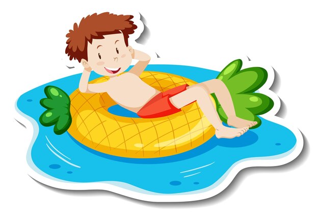 Eine Aufklebervorlage mit einem Teenager, der auf einem Schwimmring liegt