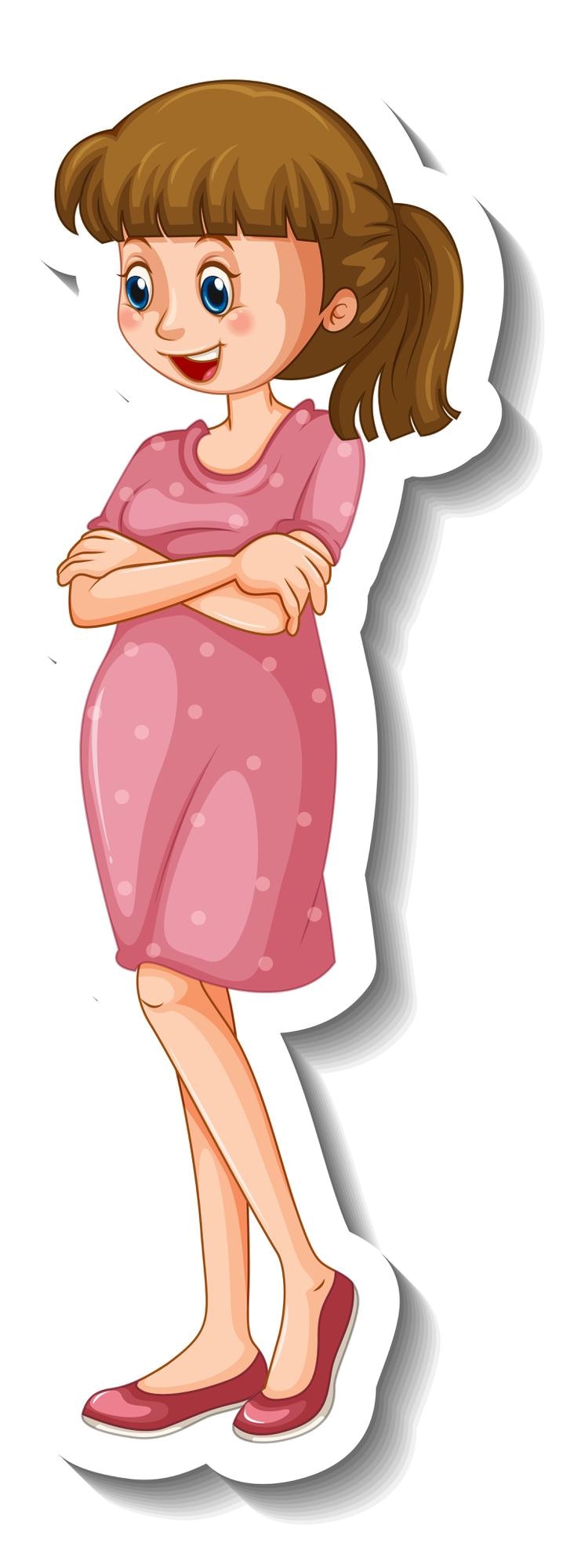 Kostenlose Vektor eine aufklebervorlage mit einer frau, die ein rosa kleid in stehender pose trägt
