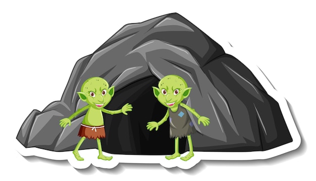 Eine aufklebervorlage mit einer grünen kobold- oder troll-cartoon-figur und einer steinhöhle