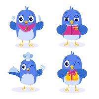 Eine reihe süßer, handgezeichneter blauer vögel, die ein lesebuch essen und eine servierplatte mit einer geschenkbox halten