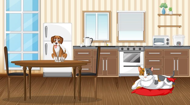 Eine Reihe verschiedener Haustiere in der Küche