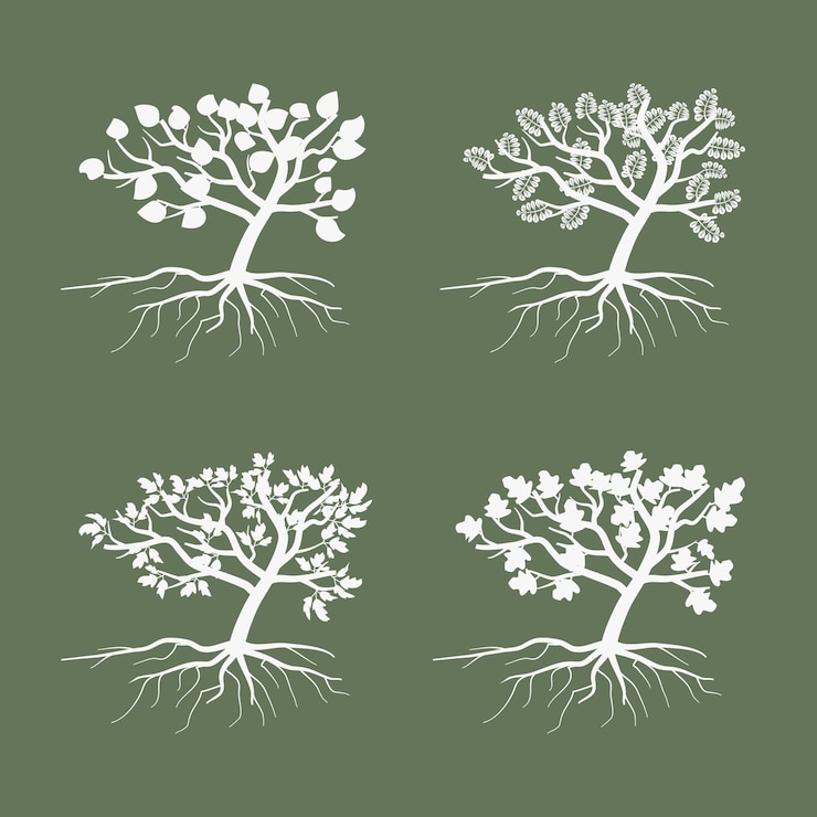 Kostenlose Vektor einfache bäume. umweltsymbolbaum-illustrationssatz. sammlung des künstlerischen umrissbaums mit laub