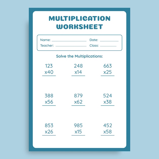 Kostenloser Vektor einfache multiplikation 3º arbeitsblatt