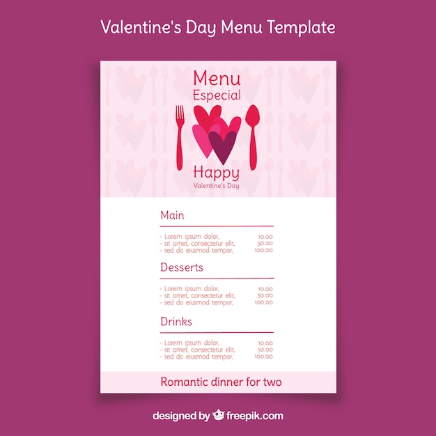 Einfaches restaurant-menü zum valentinstag