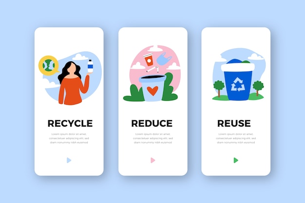 Eingestellte onboarding-app-bildschirme für den recycling-dienst