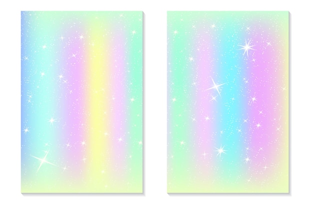 Einhorn-regenbogen-hintergrund. holographischer himmel in pastellfarben. helles hologramm-meerjungfrauenmuster in prinzessinnenfarben. vektor-illustration. unicorn fantasy farbverlauf bunter hintergrund mit regenbogen-mesh.