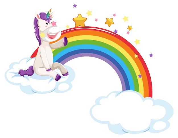 Kostenloser Vektor einhorn sitzt auf einer wolke mit regenbogen im cartoon-stil