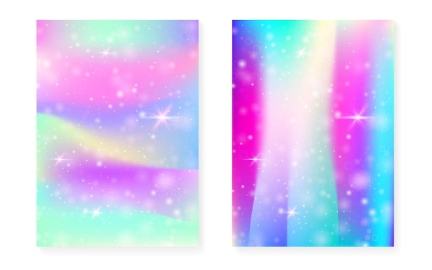 Einhornhintergrund mit kawaii magischem farbverlauf. prinzessinnen-regenbogen-hologramm. holografisches feen-set. mehrfarbiges fantasy-cover. einhornhintergrund mit scheinen und sternen für nette mädchenpartyeinladung.