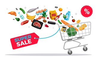 Einkaufstaschenkorb null abfall öko-zusammensetzung mit text-tag-rabatt-flugprodukten und trolley-wagen-illustration