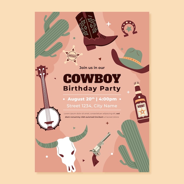 Kostenloser Vektor einladung zur cowboy-party im flachen design