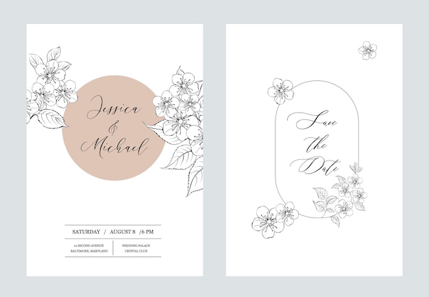Einladungskarte mit Blumenmuster. Botanische Hochzeitsschablone.
