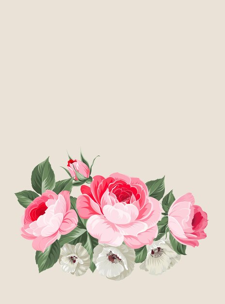 Einladungskartenvorlage mit blühenden Rosen und Platz für Text isoliert auf grauem Hintergrund. Rot gefärbte Zusammensetzung. Vektor-Illustration.