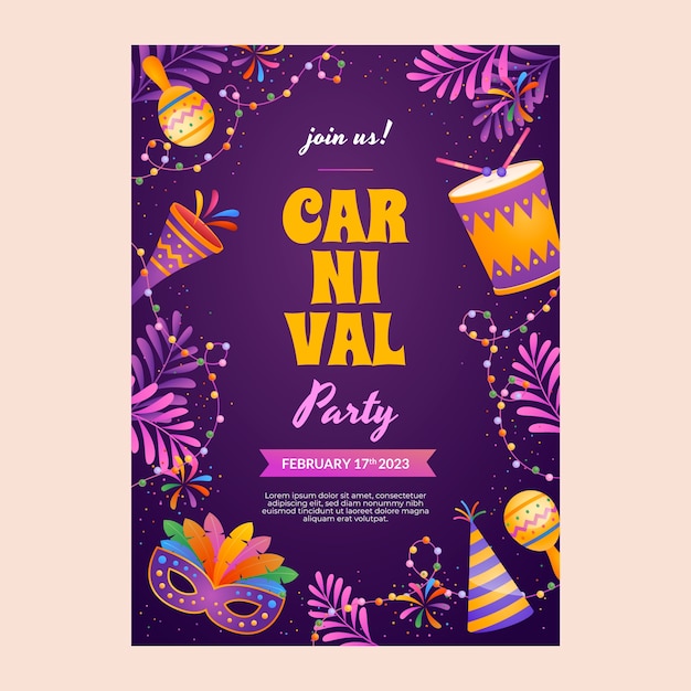 Kostenloser Vektor einladungsvorlage für karnevalsfeiern mit farbverlauf