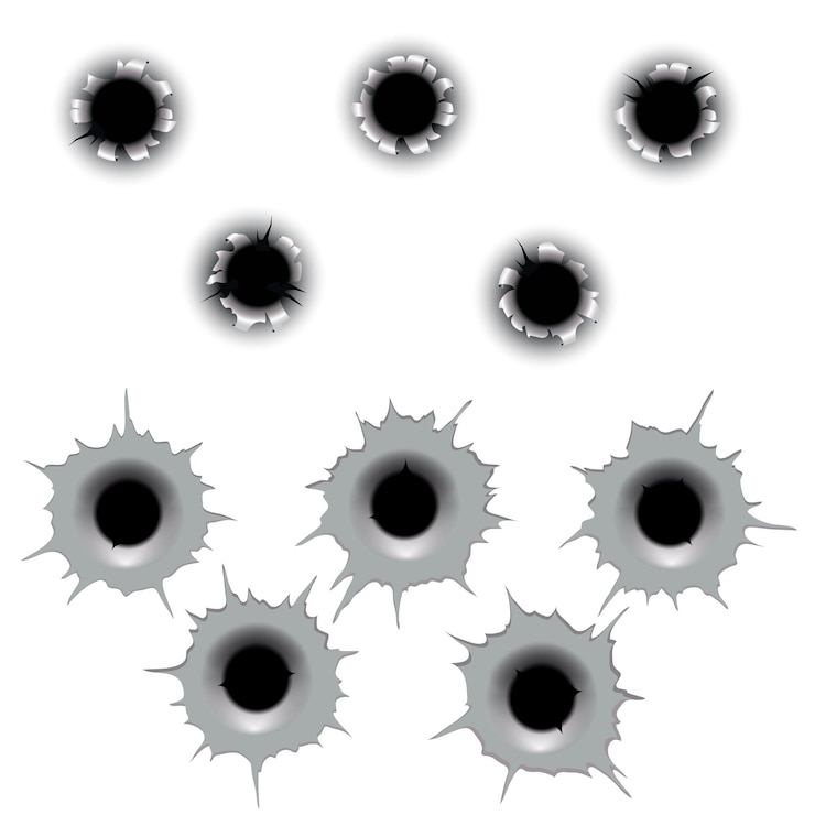 Kostenlose Vektor einschusslochset aus metall. eingabe und ausgabe schuss rissige einschusslöcher