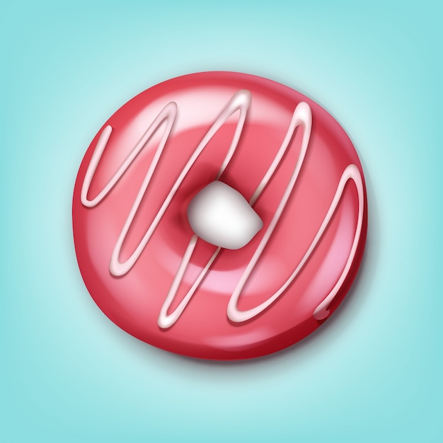 Einzelne donut des vektors mit rosa zuckerguss und draufsicht der weißen streifen lokalisiert auf blauem hintergrund