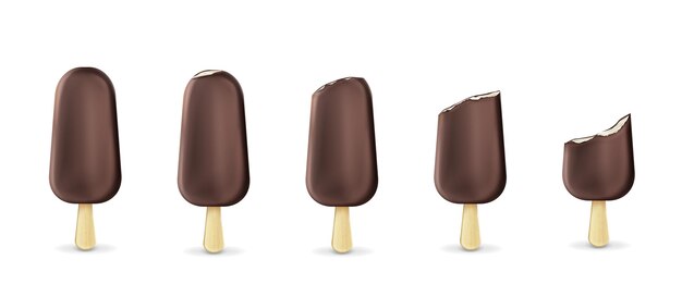 Eis am Stiel Eis auf Stockreihe von ganz bis gebissen isoliert auf weiß.