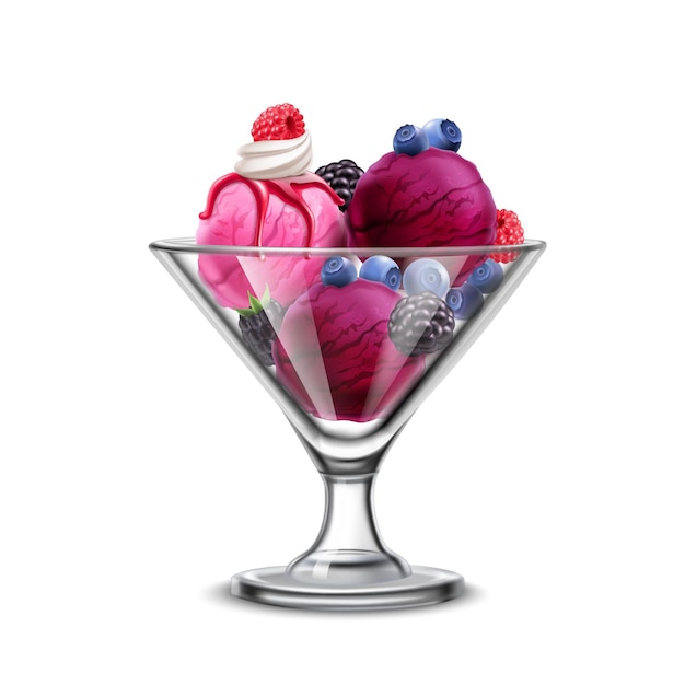 Eis in glasschale realistische komposition mit frischen beeren und violetten kugeln eis