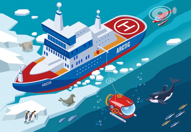 Kostenloser Vektor eisbrecher mit unterseeboot und hubschrauber während der isometrischen illustration der nordseetiere der arktischen forschung