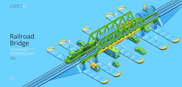 Kostenloser Vektor eisenbahnbrückenbanner mit isometrischem güterzug