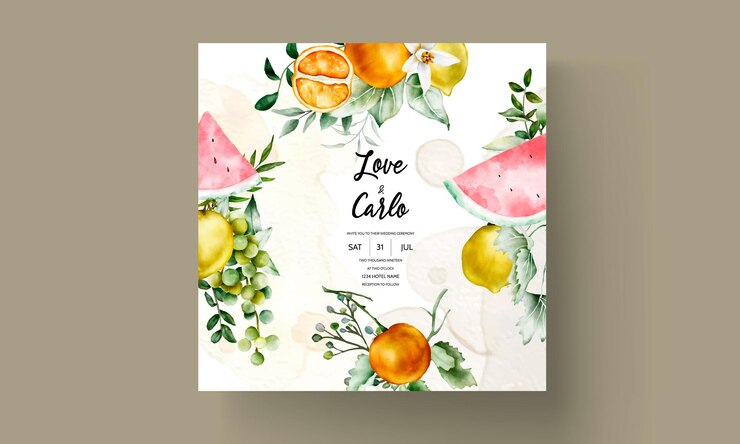Kostenlose Vektor elegante aquarell-hochzeitseinladung mit früchten