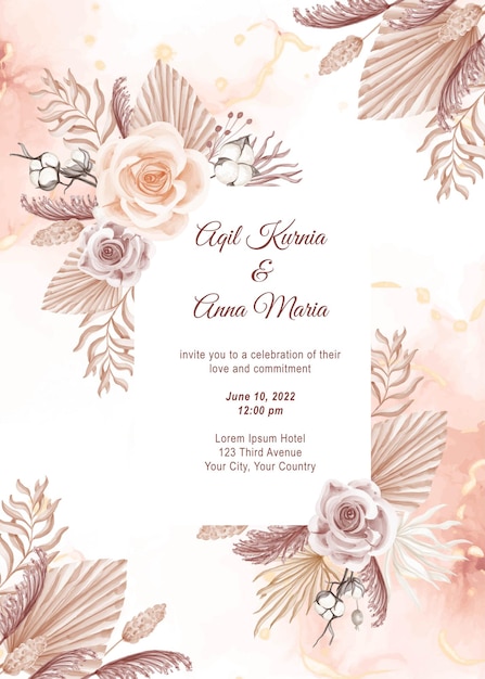 Elegante Boho-Verlobungs-Rosen-Aquarell-Hochzeitseinladungs-Vorlage