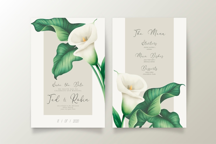 Kostenlose Vektor elegante hochzeitseinladung und menü mit weißen lilien