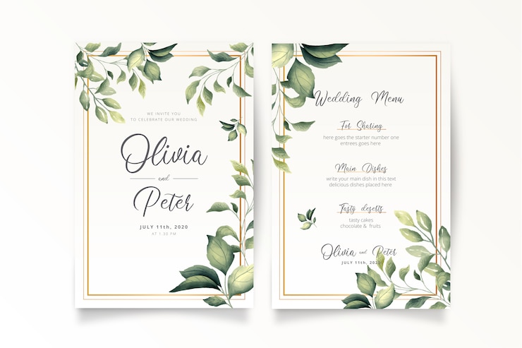 Kostenlose Vektor elegante hochzeitseinladung und menüschablone