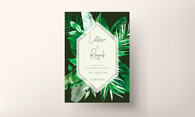 Elegante hochzeitseinladungskarte mit grünem tropischem aquarell