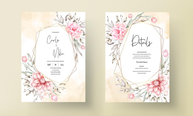 Kostenlose Vektor elegante hochzeitseinladungskarte mit schönen blumenverzierungen