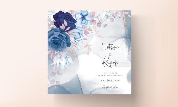 elegante hochzeitseinladungskarte mit schöner blauer marineblumenschablone