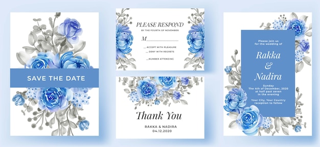 Elegante hochzeitseinladungsset blaue blume