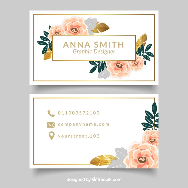 Elegante Visitenkarte mit Blumen und goldenen Details