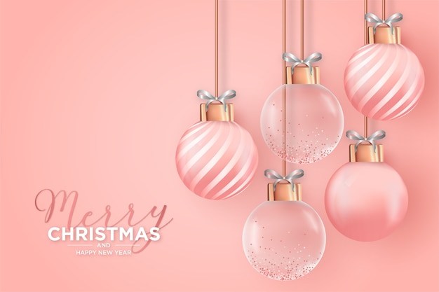 Elegante weihnachtskarte mit realistischen rosa weihnachtskugeln