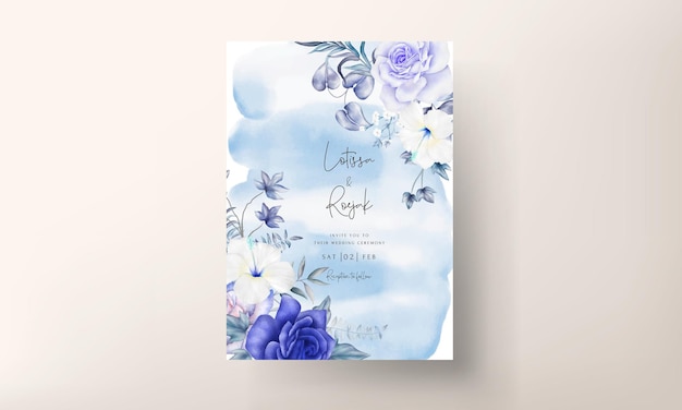 elegantes blaues marineblaues und lila aquarellblumenhochzeitseinladungskartenset