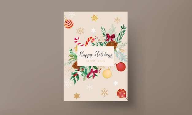 Elegantes Weihnachtskartendesign mit Weihnachtsschmuck und schönen Blättern