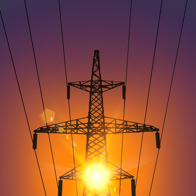 Elektrische Übertragungsleitung bei Sonnenuntergang.
