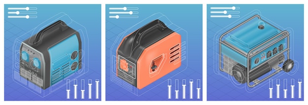 Elektrischer generator, realistischer satz quadratischer kompositionen mit isometrischen bildern von stromgeneratoren und umrisssymbolen, vektorillustration