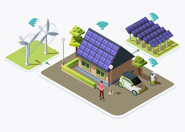 Elektroauto, intelligentes Haus, das an alternative Energiequellen angeschlossen ist, die von Windkraftanlagen und Sonnenkollektoren erzeugt werden. Smart Grid-Konzeptdesign. Flache isometrische Illustration lokalisiert auf weißem Hintergrund