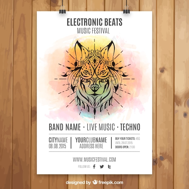 Kostenloser Vektor elektronische parteiplakat mit einer hand bemalt wolf