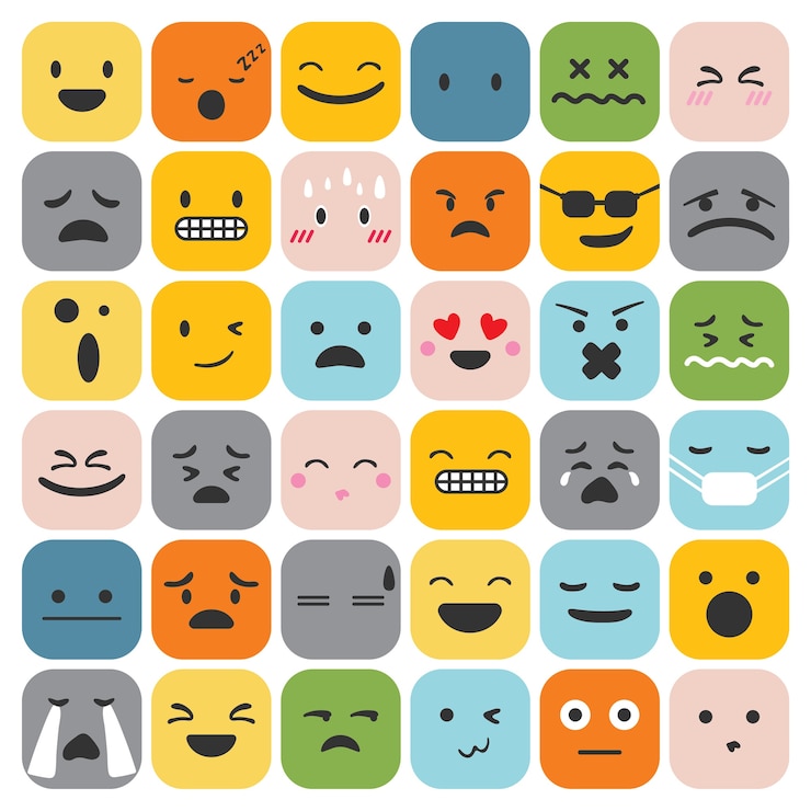 Kostenlose Vektor emoji emoticons set gesicht ausdruck gefühle sammlung