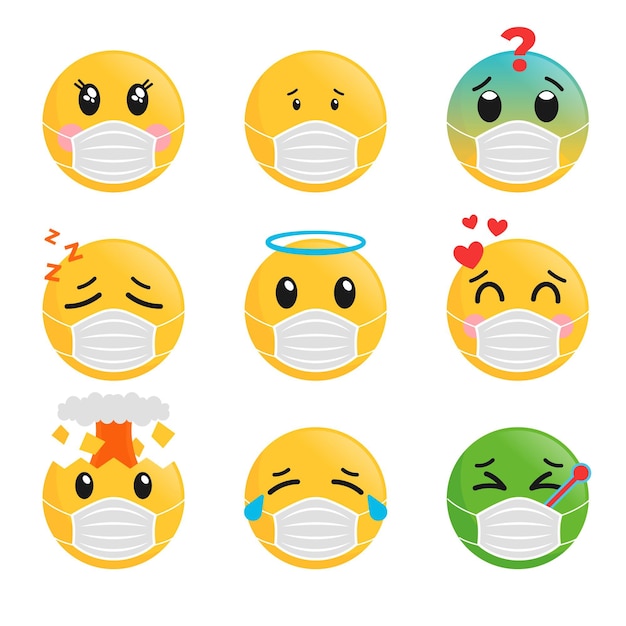 Kostenloser Vektor emoji im flachen design mit gesichtsmaskenpaket