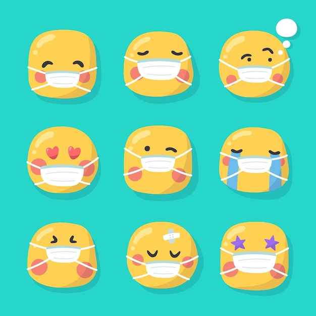 Kostenloser Vektor emoji im flachen design mit gesichtsmaskenpaket