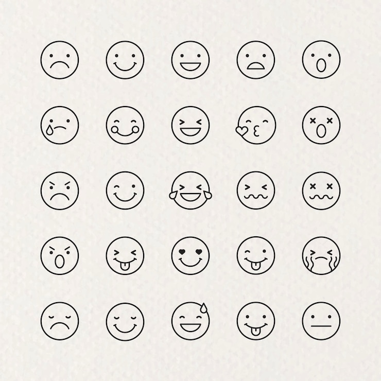 Kostenlose Vektor emoticon-set mit schwarzem umriss isoliert auf beigem hintergrund